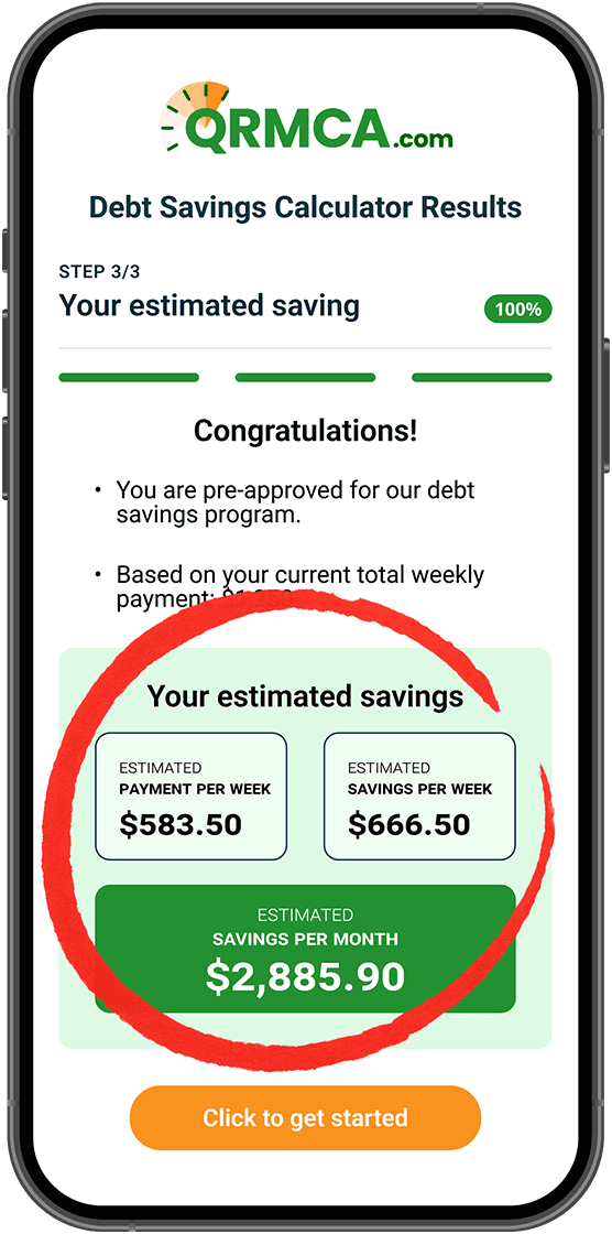 QRMCA Debt Savings Calculator Results showing estimated savings